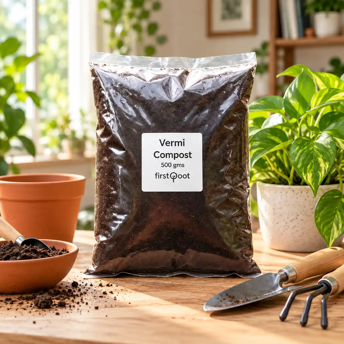 First Root vermicompost 500 g pack beside pots and gardening tools