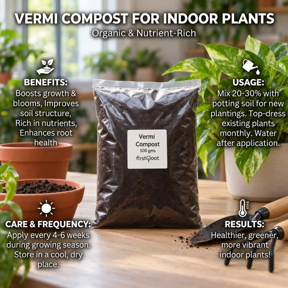First Root vermicompost pack with illustrated benefits, application and storage guidance